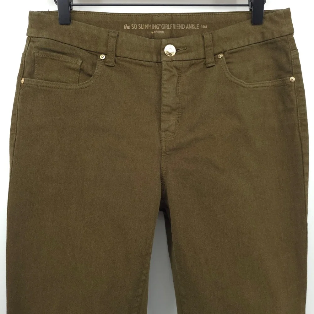 Chico's Women Jeans So Slimming Girlfriend Ankle 0.5 (US 6) Olive‎ Green